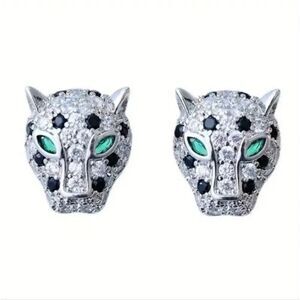 18K White Gold Plated Pavé Diamond Panther Designer Inspired Stud Earrings